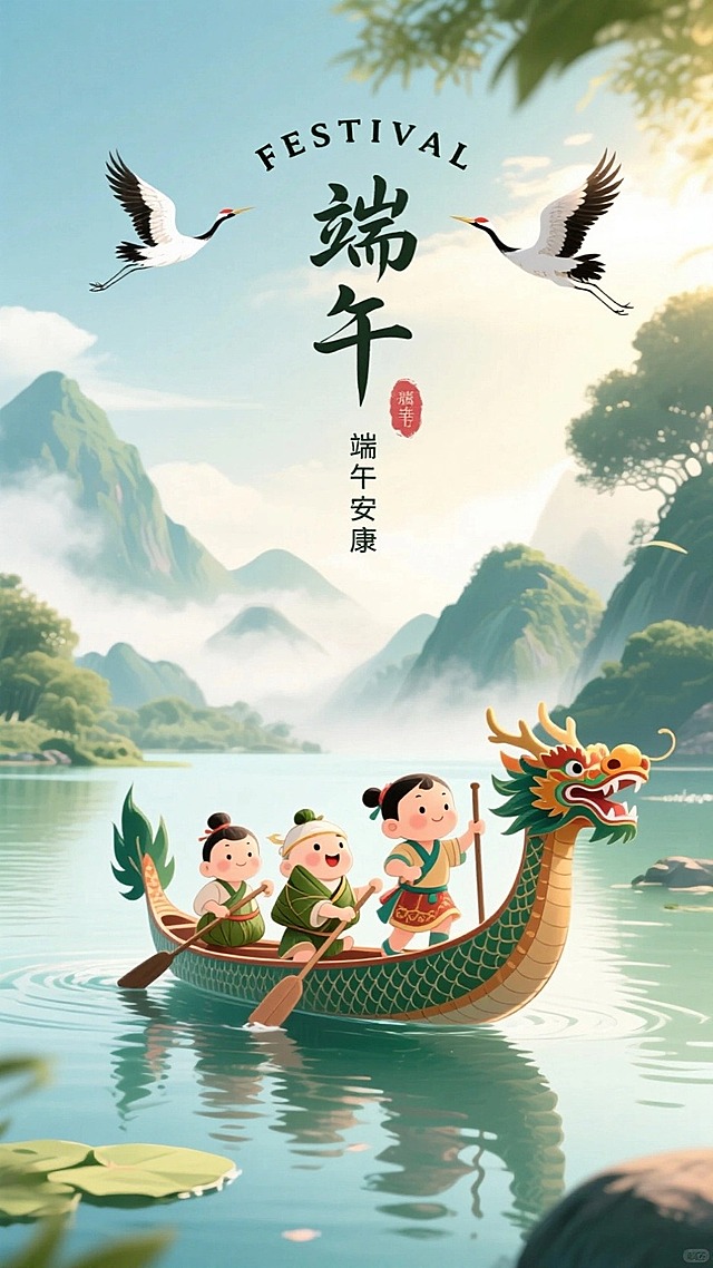 端午主题国风插画，画面展现山水湖泊景色，龙舟上3个小孩奋力划桨，天空中有2只飞翔的仙鹤，画面上方有文字“FESTIVAL” “端午”  ，整体风格清新雅致
