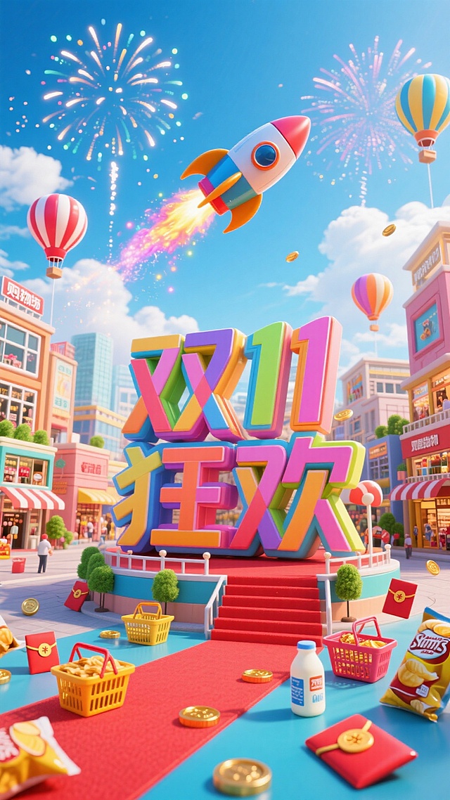 奇幻购物都市场景：以巨型 “双11 狂欢” 立体字为视觉核心，小火箭绕着文字飞过，背景是蓝天白云与烟花。场景中融入购物建筑、热气球、红地毯，散落购物篮、商品（薯片、牛奶等）、红包、金币