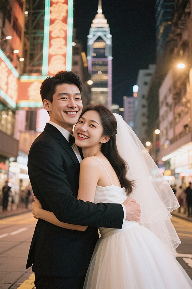 婚纱照拍摄，一对年轻的新娘新郎在街头拥抱，开心表情，全身拍摄，香港街头场景，超写实，高清拍摄