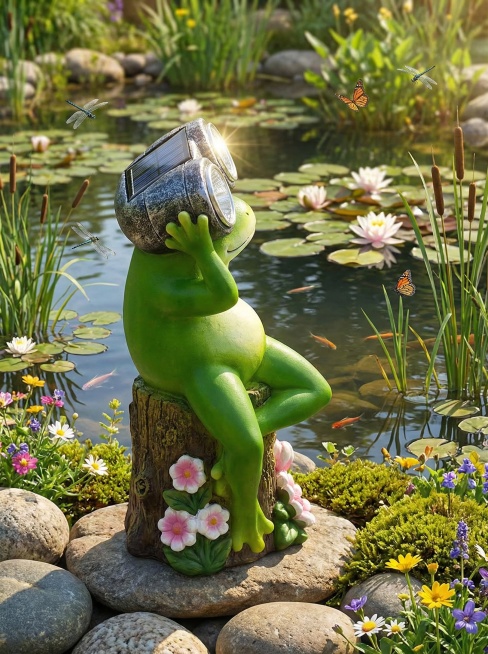 活泼风格，室外池塘边场景，青蛙太阳能灯摆件，左侧面角度展示，不带文字预览效果