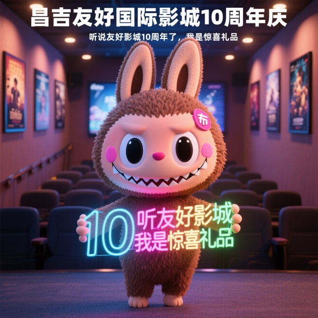 它手拿汉字“昌吉友好国际影城10周年庆”，在电影院等着观影，说”听说友好影城10周年了，我是惊喜礼品“，手机壁纸，尺寸9比16预览效果