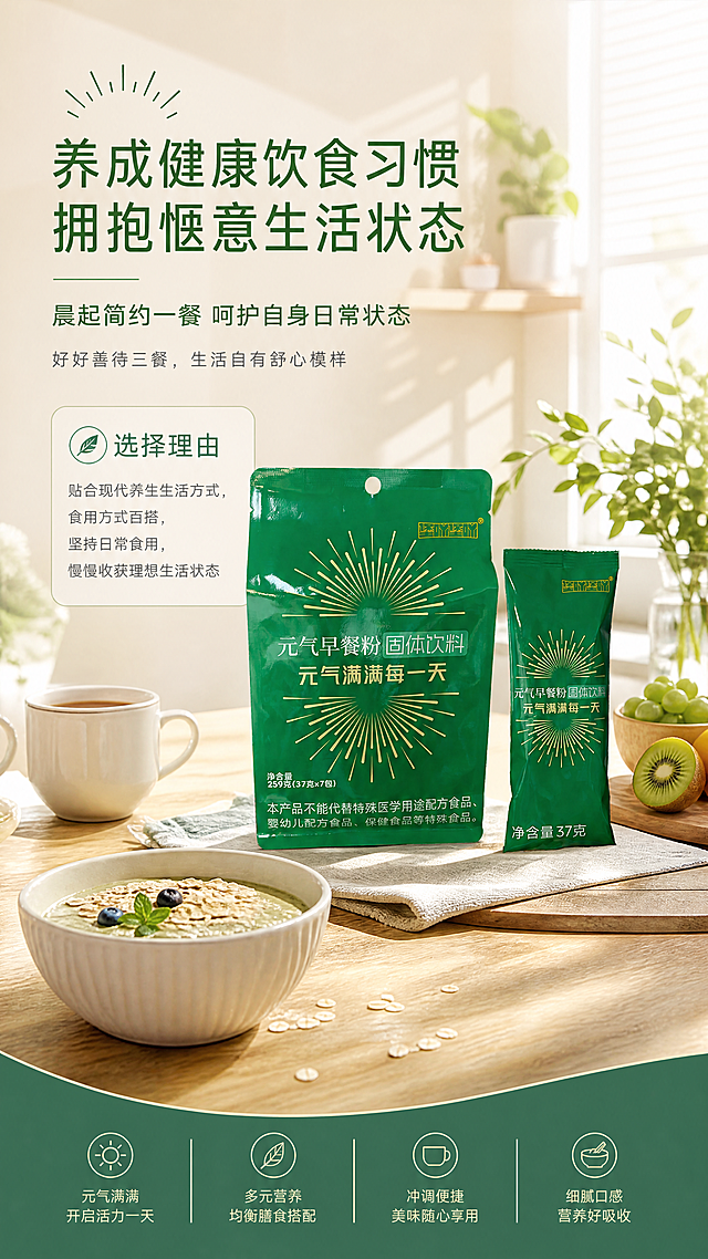 元气早餐粉宣传海报，画面包含图中的两袋绿色包装元气早餐粉，放置在清晨阳光的厨房餐桌上，整体清新简约养生风格，主标题写"养成健康饮食习惯 拥抱惬意生活状态"，副标题写"晨起简约一餐 呵护自身日常状态"，小文案写"好好善待三餐，生活自有舒心模样"，选择理由写"贴合现代养生生活方式，食用方式百搭，坚持日常食用，慢慢收获理想生活状态"，整体色调搭配产品绿色，温馨舒适。