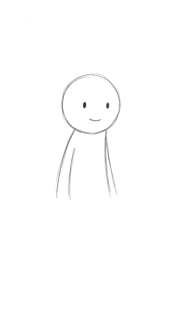 手绘涂鸦风格，极简简笔画，黑白线稿，随意铅笔线条，温馨日记漫画风格，干净白色背景，大量留白，纯线条艺术。9:16竖屏1080×1920尺寸，绘制火柴人正面半身形象，圆头点眼，嘴角微微上扬，表情温和有力预览效果