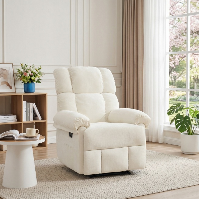 保持米白色布艺多功能头等沙发椅不变，主体沙发造型饱满蓬松、包裹感强，填充厚实柔软，奶白色靠背双层三分区拉扣绗缝设计，宽大圆润扶手，侧面黑色手动调节拨片，底部黑色金属 recliner 支架，米白色亚麻预览效果