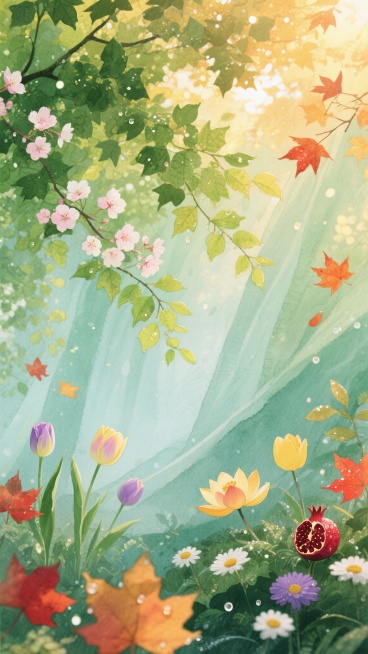 【春季】远景镜头，淡绿色的水彩幻化成轻柔的薄纱弥漫整个背景，无数嫩绿与翠绿交织的叶子舒展脉络，与娇柔粉白、鹅黄浅紫的樱花、郁金香相互缠绕，晨露在花瓣尖闪烁，阳光透过新叶洒下碎金光斑，色调以嫩芽绿为主，点缀粉白与鹅黄，营造万物复苏的纯净童话感。

【夏季】远景镜头，青碧色的水彩幻化成厚重的绿纱笼罩画面，深绿与墨绿的梧桐叶层层叠叠，其间点缀着朱红、明黄的荷花与石榴花，露珠在叶片上滚动折射强光，阳光……预览效果