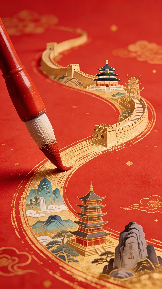 一支正在绘画的毛笔，描摹出一条由左下到右上的细笔迹，曲线，笔记里是微观的万里长城，天坛，桂林山水，黄鹤楼，泰山等中国风景旅游区，毛笔笔尖在笔迹的尽头，主色为红色，整体风格为平面插画中国风，元旦喜庆风格，高细节，HDR，8K分辨率。