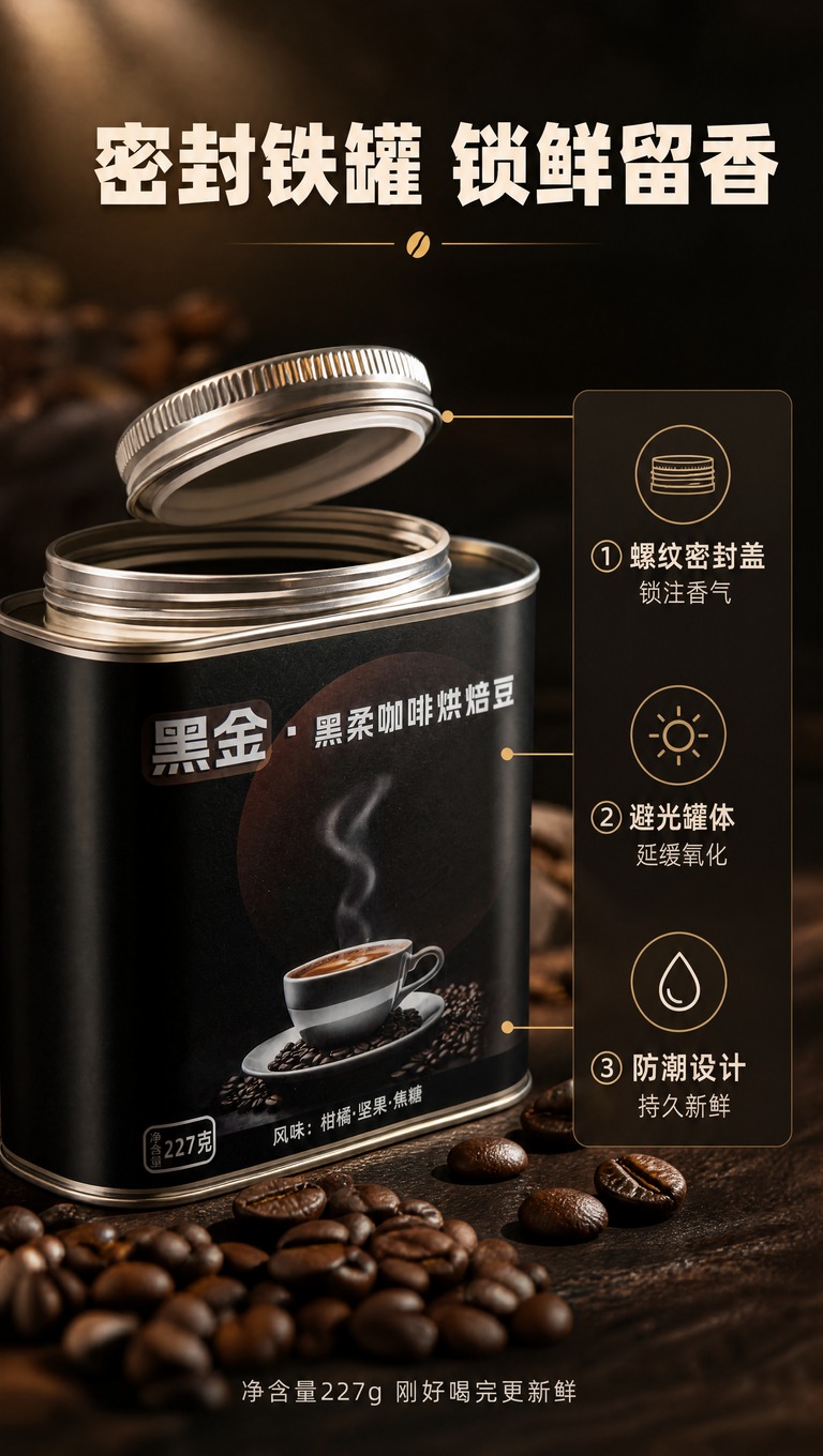 [商品] 使用【图1】黑柔咖啡黑金系列咖啡豆铁罐；保留罐体、银… - 图片创意预览