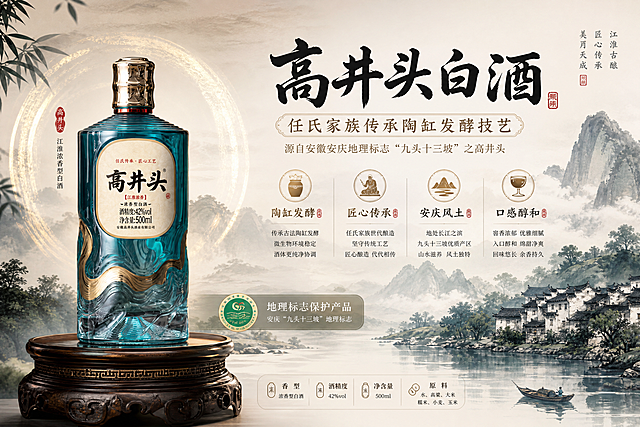 高井头白酒商品介绍长图，尺寸2393x1500，左侧展示单瓶白酒，右侧山水背景搭配丰富文字介绍：任氏家族传承陶缸发酵技艺，源自安徽安庆地理标志“九头十三坡”之高井头，突出工艺特色与产地优势，排版层次清晰，国风设计