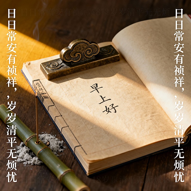 ### **1. 晨间财喜**
**祝福语：** 晨光熹微照福来，财喜盈门笑颜开（位于画面左侧，从上到下竖排书法体）
**提示词：**
中式早餐静物摄影，深色木桌上摆放一套青花瓷盖碗茶具，碗盖斜置，热气微升。旁边有一小碟金元宝造型糕点。柔和的晨光从右侧射入，在桌面投下温暖光影。照片级质感，浅景深。在画面左侧空白处，从上到下竖排书写15字祝福语。画面右下角茶具旁，有雅致小字“早安”。画幅比例3：4

### **2. 朝安暮宁**
**祝福语：** 朝有清欢岁长安，暮得心宁日可期（位于画面顶部，横排端庄楷体）
**提示词：**
禅意中式静物，一方古砚旁置毛笔一支，砚台中墨迹未干。旁边摊开一卷宣纸，纸上有一枚红叶。清晨柔光斜照，营造宁静雅致氛围。细节丰富，纹理清晰。画面顶部居中横排书写17字祝福语，采用端庄楷体。画面左下角砚台旁，有细小字样“早上好”。画幅比例3：4

### **3. 福伴晨光**
**祝福语：** 晨起福星常高照，吉时祥瑞总相伴（环绕主体物成弧形排列）
**提示词：**
吉祥主题静物，红色锦囊与古钱币置于朱红漆盘之上，旁有如意纹香囊一个。温暖晨光从左上角洒下，凸显物体质感。色彩以红金为主，喜庆祥和。18字祝福语以弧形排列在漆盘周围。画面右上角光线明亮处，有金色小字“早安”。画幅比例1：1

### **4. 良辰启新**
**祝福语：** 良辰美景今朝启，清风明月伴新程（位于画面右侧，分两列竖排）
**提示词：**
新中式极简构图，透明玻璃瓶插单枝含苞白梅，置于灰白色大理石台面。冷色调晨光营造纯净清雅氛围。背景虚化，突出花枝线条美感。16字祝福语在画面右侧分两列竖排书写。画面左下角瓶底旁，有浅灰色“早上好”字样。画幅比例1：1

### **5. 祥瑞晨安**
**祝福语：** 祥云缭绕家宅旺，瑞气充盈晨安好（作为背景水印，重复隐约出现）
**提示词：**
传统吉祥静物，翡翠白菜雕件（或白菜造型摆件）与一对小葫芦置于深蓝绸布上。侧光照明，突出雕刻细节。背景为米色宣纸纹理，上面隐约重复浮现18字祝福语水印。画面正下方白菜雕件前，有清晰黑色“早安”字样。画幅比例3：4

### **6. 朝食纳吉**
**祝福语：** 朝食五谷纳千祥，暮饮清茶收百福（位于画面底部，居中对齐）
**提示词：**
温馨早餐场景，竹制蒸笼揭开，内盛晶莹虾饺三只。旁有青瓷醋碟与竹筷。清晨暖光营造食欲与温馨感。食物细节逼真，蒸汽微现。20字祝福语在画面底部居中横排。蒸笼盖上贴有红色小笺，上书“早上好”。画幅比例3：4
### **7. 晨光如愿**
**祝福语：** 晨光所及皆如愿，步履所至俱坦途（位于画面左上至右下的对角线上）
**提示词：**
概念化构图，一束晨光透过窗格，在地面投出清晰光影。光斑中有一枚天然水晶簇。背景简洁，突出光线质感。氛围充满希望与能量。17字祝福语沿着从左上到右下的对角线方向排列。在主要光斑中心，有细微的“早安”字样融入光影纹理。画幅比例1：1

### **8. 日日祯祥**
**祝福语：** 日日常安有祯祥，岁岁清平无烦忧（位于画面四周边缘作为边框装饰）
**提示词：**
典雅中式书桌静物，摊开的线装古籍上压着镇纸，旁有燃尽的香插。柔和均匀的晨间天光。色调古朴雅致。18字祝福语作为装饰性文字边框，围绕画面四周边缘。在翻开书页的空白处，有手写体“早上好”。画幅比例1：1

### **9. 朝沐清风**
**祝福语：** 朝沐清风精神爽，夜观星月梦香甜（位于画面中央，围绕圆形主体排列）
**提示词：**
极简禅意画面，圆形浅口白瓷皿盛清水，水面浮一朵莲花（或莲叶）。背景纯白，光线均匀柔和。意境空灵洁净。19字祝福语以圆形排列方式环绕在白瓷皿周围。在水面倒影中，隐约可见“早安”二字。画幅比例3：4

### **10. 晨启鸿运**
**祝福语：** 晨起推窗迎鸿运，夜来闭户接福星（位于画面背景墙上，仿挂幅形式）
**提示词：**
生活化场景，中式窗棂前小桌，桌上紫砂壶还冒着热气。窗外可见朦胧竹影。晨光透过窗格形成美丽光影。氛围宁静闲适。18字祝福语以仿书法挂幅形式出现在背景墙上。在窗棂的光影中，投射出“早上好”的阴影字样。画幅比例1：1           根据以上提示图，生成对应10张祝福图