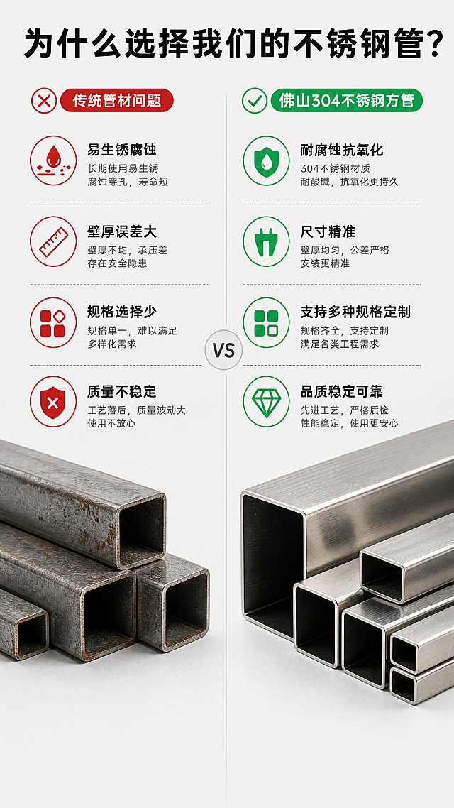 [第2屏] 痛点对比展示屏-传统管材vs佛山304不锈钢管对比。
[氛围/风格] 清晰对比工业风格，干净分割版式，专业商务质感。
[元素布局] 本屏使用原图产品作为右侧合格产品展示，保持产品方形结构和材质质感不变。画面左右均分，左侧展示传统管材痛点：易生锈、壁厚不均、规格不全；右侧展示佛山304不锈钢方管优势：耐腐蚀、精度高、支持定制。左右各放置产品局部图，配四图标说明，主体占比70%。
[光影质感] 均匀柔和工业用光，左右两侧光照一致，产品清晰突出，对比明确。
[配色色系] 全局底色：#F5F5F5（浅灰）；主体配色：#C8CBCD（银灰）+#DC2626（痛点红）+#16A34A（优势绿）；文字：#111111黑。
[视角构图] 左右对称分割构图，左侧痛点区域，右侧优势区域，上方通栏标题，底部留白，对比清晰直观。
[文字版式] 顶部通栏大标题“为什么选择我们的不锈钢管？”黑色加粗居中；左侧小标题“传统管材问题”配红色小图标，痛点文字“易生锈腐蚀 壁厚误差大 规格选择少”；右侧小标题“佛山304管优势”配绿色小图标，优势文字“耐腐蚀抗氧化 尺寸精准 支持多种规格定制”；文字不遮挡产品主体，清晰易读，手机端可读。
[比例分辨率] 9:16竖版比例，4K分辨率，文字清晰可辨，超高清。
[负向提示词] 产品变形，结构错误，颜色偏差，文字模糊，左右排版不对称，背景杂乱，水印。