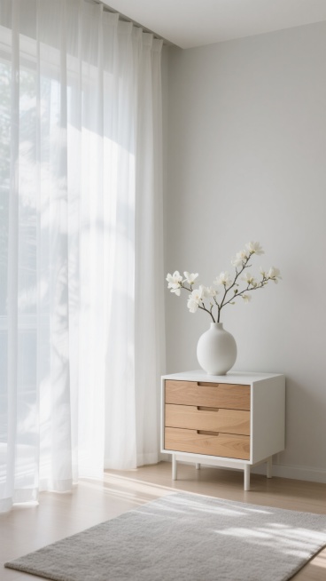 简约现代风格居家背景，柔和自然光透过半透明白色纱帘洒入室内，形成柔和的光影效果，浅灰色墙面搭配原木色抽屉的白色矮柜，柜上放置一个白色陶瓷花瓶，瓶中插有白色盛开的花枝，地面铺有浅灰色地毯，整体色调以米白、浅灰、原木色为主，营造出明亮、干净、宁静、舒适的氛围，画面构图简洁，空间感通透，细节质感细腻，具有北欧极简的设计感。预览效果