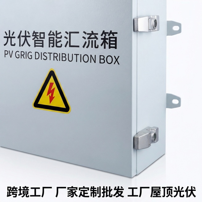 突出展示光伏汇流箱的细节，包括锁扣、标识等，背景简洁，添加文字"跨境工厂 厂家定制批发 工厂屋顶光伏"预览效果