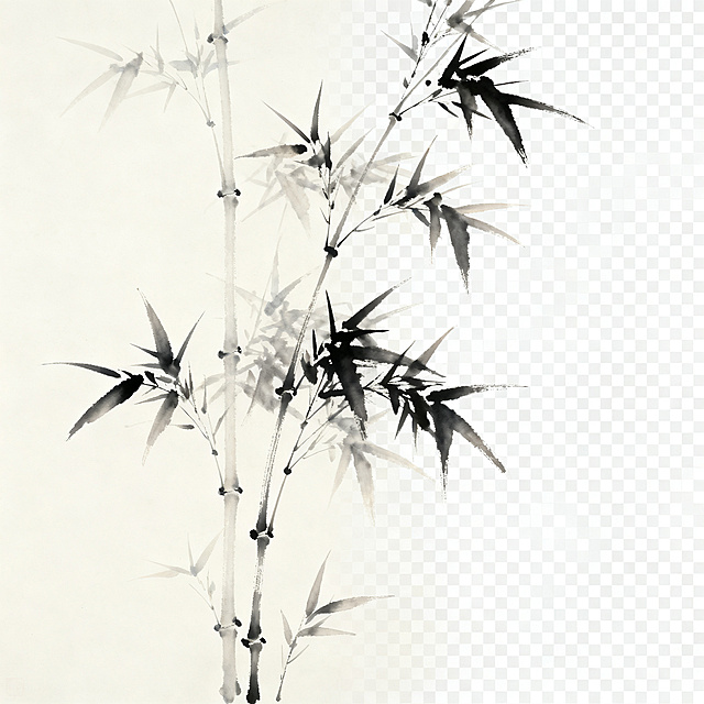 国风简约风格，淡墨绘制的竹子，透明背景，写意水墨画质感，线条淡雅简洁，留白干净通透，整体极简雅致的东方美学