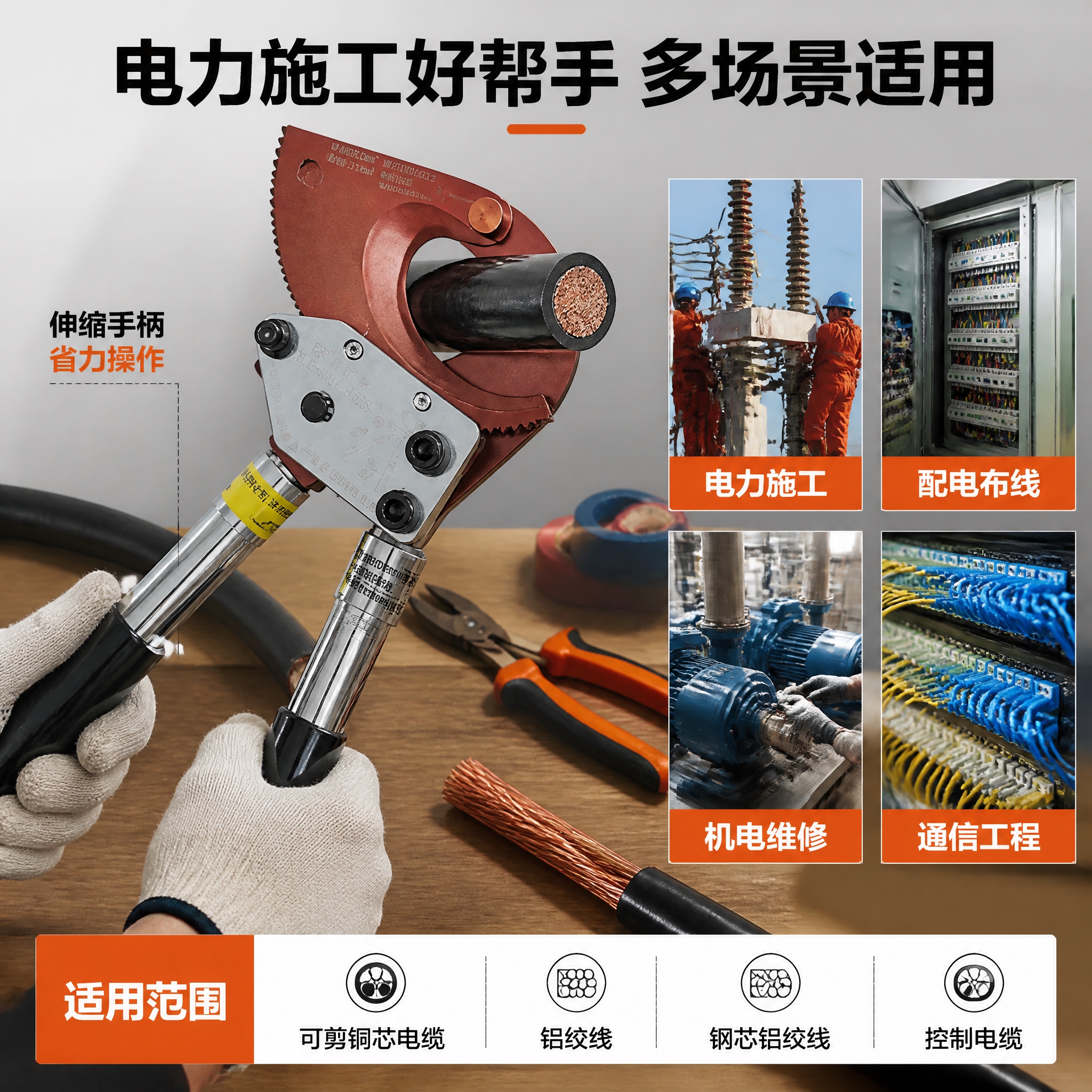[主图-4] 场景适用与操作展示图，主题为电缆剪在电力施工场景… - 图片创意预览