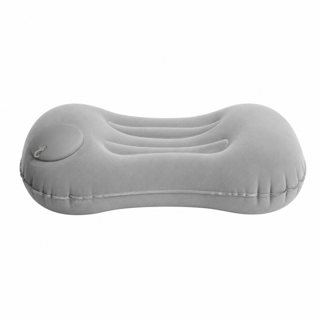 Generate a full side view main image for a light gray inflatable pillow to show the ergonomic contou预览效果