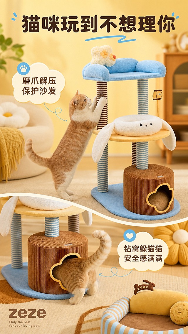 [商品] 使用【图1】zeze猫爬架猫窝套装；保留猫爬架与猫窝的全部结构、颜色、材质和zeze Logo，造型比例一致。
[画面] 页面目标：玩乐瞬间，展示猫咪真实使用动态。构图：上下分栏，上半部分展示猫咪在剑麻柱上磨爪的动态（侧视角），下半部分展示猫咪钻进灯芯绒猫屋只露尾巴的趣味画面；两格之间用柔和曲线分隔，背景统一暖黄色居家场景；捕捉猫咪自然生动的状态。
[视觉] 套系策略：风格=温馨治愈萌系家居商业摄影；标题字=圆润粗黑体；正文字=圆角无衬线体；主色=奶黄+暖棕+天蓝；背景延展=基于奶黄暖棕做深浅渐变、同色柔和层次、细腻织物/墙面质感；强调色=浅天蓝，仅用于小面积图标、引线、标签点缀；标题色=深暖棕；正文色=中暖棕；组件=圆角软底信息卡、圆点引线、云朵形标签；光影=左前侧暖柔光，柔和自然阴影。
[文字] 顶部主标题「猫咪玩到不想理你」，上下两格各配小标签：「磨爪解压 保护沙发」「钻窝躲猫猫 安全感满满」，文字横排，生动有趣，不遮挡猫咪动作。
[规格] 图片比例9:16竖版，4K分辨率，淘宝/天猫详情页风格，避免变形、错字、文字过小、冷蓝灰主背景、产品颜色改变、结构失真、极限词。