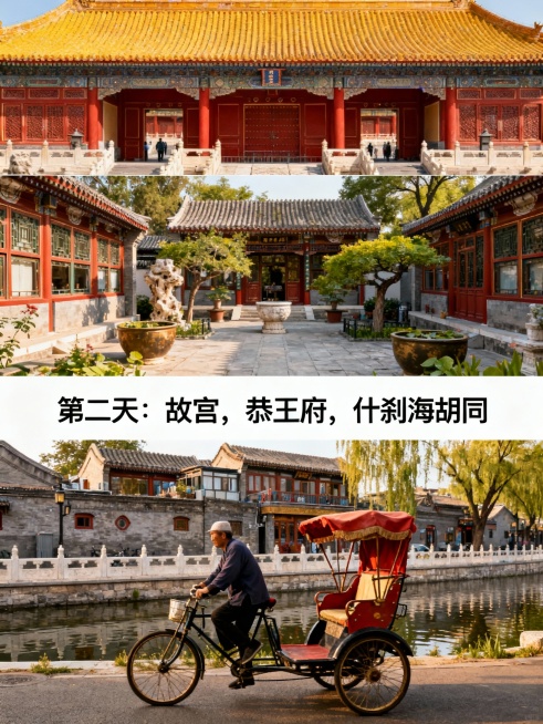 北京五日游行程介绍，第一天接站，入住酒店，第二天，故宫，恭王府，什刹海胡同，第三天，八达岭，奥林匹克公园鸟巢水立方，第四天，颐和园，圆明园，第五天，送站，返回温馨的家。要求做成5张图片，按照每天行程走预览效果