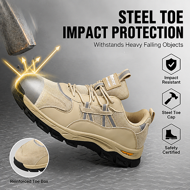 Amazon main image 2, steel toe impact protection feature infographic for safety work shoes. Cool industrial grey gradient background with subtle diamond plate texture. Center-left shows the khaki safety shoe in side view, toe pointing left, with a glowing impact protection visual effect at the toe cap area — a transparent steel toe cap outline with impact arrows hitting the toe and bouncing off, demonstrating protection. Upper right large bold headline text 'STEEL TOE IMPACT PROTECTION' in black sans-serif. Below headline, smaller subtitle text 'Withstands Heavy Falling Objects'. Three icon feature blocks stacked vertically on right side: 1) shield icon with 'Impact Resistant', 2) hammer icon with 'Steel Toe Cap', 3) boot icon with 'Safety Certified'. Bottom left has a small circular inset showing a close-up of the reinforced toe area with label 'Reinforced Toe Box'. Keep shoe appearance, color, material, structure exactly matching reference product image, no deformation. Professional industrial safety style, clean infographic layout, text in English only, no Chinese. Commercial photography quality, sharp details, balanced lighting. 1:1 square. Negative: distorted shoes, unreadable text, watermarks, Chinese characters, people faces, clutter.