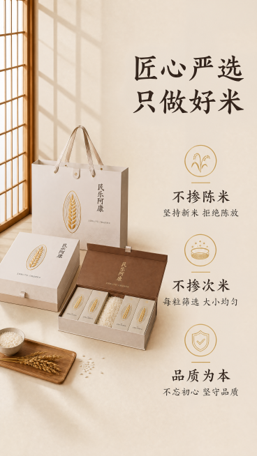 [第4屏] 严选品质卖点拆解屏，民乐阿康五常大米礼盒。[氛围/风格] 干净简约展示风，清晰高级质感，延续新中式暖调。[元素布局] 原产品礼盒放在画面左侧区域，占比约40%，保持包装、结构、颜色与原图一预览效果