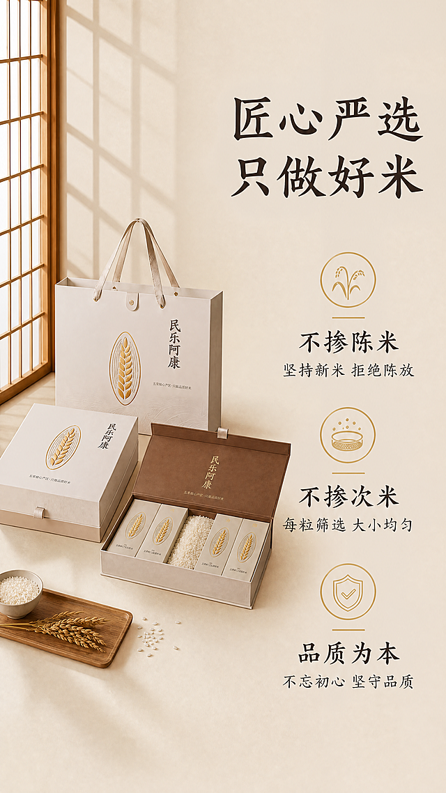 [第4屏] 严选品质卖点拆解屏，民乐阿康五常大米礼盒。[氛围/风格] 干净简约展示风，清晰高级质感，延续新中式暖调。[元素布局] 原产品礼盒放在画面左侧区域，占比约40%，保持包装、结构、颜色与原图一致。右侧分三个区域纵向排列三个核心卖点，每个卖点配一个金色圆形徽章图标。保留产品原有品牌调性和包装细节。[光影质感] 延续左侧柔和主光，产品和文字区域光影均匀，细节清晰，立体感自然。[配色色系] 全局底色 #f0eade（浅米原木色）；延续产品原有米白、浅棕、金色配色，文字为深棕色，徽章金色点缀，和整体配色保持统一。[视角构图] 左产品右文字左右分栏构图，竖屏9:16，层级清晰，动线流畅。[文字版式] 顶部大标题 "匠心严选 只做好米"，右侧三卖点依次排列，每个卖点配标题+短句说明：1. 标题 "不掺陈米"，说明 "坚持新米 拒绝陈放"；2. 标题 "不掺次米"，说明 "每粒筛选 大小均匀"；3. 标题 "品质为本"，说明 "不忘初心 坚守品质"。全部继续使用温润书法感宋体，深棕色#2c2c2c纯色填充字效，字号清晰，行间距舒适，手机端可轻松阅读。本屏延续字形：温润书法感宋体，字色1种深棕色，纯色填充字效。[比例分辨率] 9:16竖版比例，4K分辨率，文字清晰可辨，超高清。[负向提示词] 产品变形，包装文字错乱，颜色偏差，构图失衡，虚假宣传，违规极限词，水印