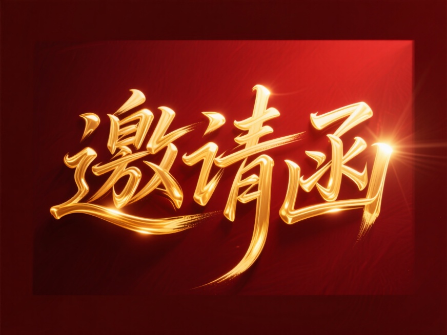 主标题为“邀请函”二字，流动的金色笔触，文字横向排列，深红色背景预览效果