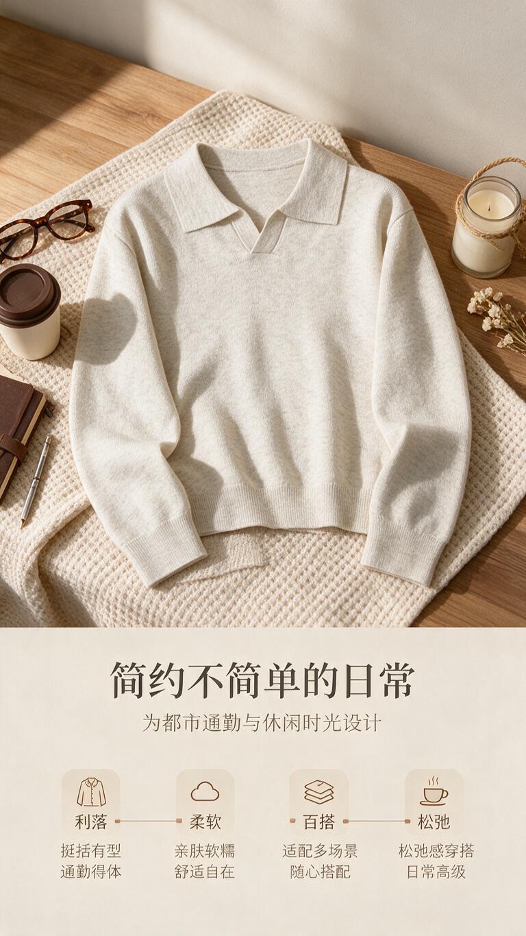 [商品] 使用【图1】米白色V型翻领针织polo衫；商品处理：… - 图片创意预览