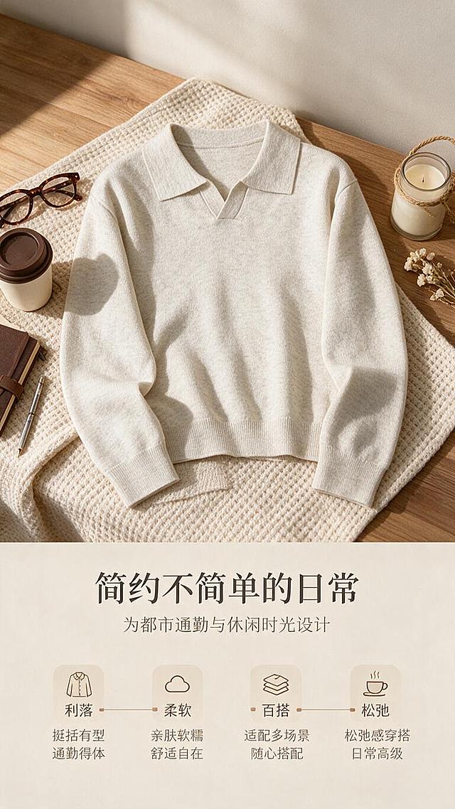 [商品] 使用【图1】米白色V型翻领针织polo衫；商品处理：保留翻领、V型领口、长袖、罗纹袖口、罗纹下摆、米白花纱针织面料颜色和版型；自然去皱，增强针织纹理质感，不改变版型和结构。
[画面] 目标：设计理念页，诠释简约松弛的穿搭主张。构图：居中偏上为服装平铺造型（放在浅棕木质桌面+米色针织毯上），下方留白放文案与风格关键词；周围散落咖啡杯、眼镜、笔记本等通勤小物营造氛围。产品占画面约50%。俯拍视角，生活感平铺陈列。
[视觉] 套系策略：风格=轻熟通勤高级商业摄影；标题字=现代无衬线粗体（字重偏粗，带轻微字距）；正文字=简洁无衬线体；主色=米白杏；背景延展=基于米白杏做深浅层级、同色渐变和细腻织物/哑光墙面质感；强调色=深棕咖，仅用于小面积图标、引线、标签和装饰线；标题色=深炭灰；正文色=中暖灰；组件=圆角浅底信息卡、细棕线引线、小方块标签；光影=左前侧暖柔光，柔和自然阴影。
[文字] 中上位置主标题「简约不简单的日常」，副标题「为都市通勤与休闲时光设计」，下方4个风格关键词横排：利落 / 柔软 / 百搭 / 松弛。每个关键词配一行短句解释。文字横排，居中对齐，不遮挡服装主体。
[规格] 图片比例9:16竖版，resolution=1K，避免变形、错字、文字过小、冷蓝/蓝灰背景、衣服颜色改变、版型失真、极限词。