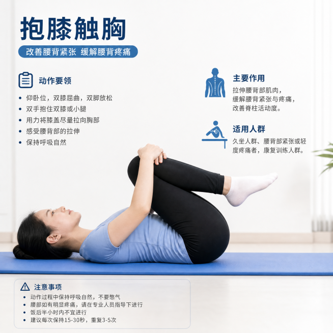 真人展示康复动作：抱膝触胸，仰卧位双膝屈曲，手抱膝使其尽量靠近胸部，医疗康复科普示意图，清晰专业，光线明亮预览效果