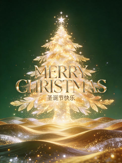 深绿色背景，前景是覆盖整个画面的波浪形排列的金色与暖白色发光粒子，在空中轻盈飘动，随画面中心呈流动姿态。粒子汇聚成巨大的发光圣诞树形象，树冠缀有星形光点，枝叶舒展，整体洋溢着温暖光芒。画面中央为醒目的预览效果