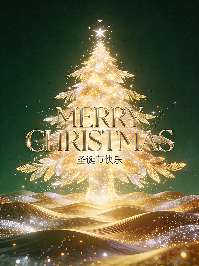 鎏金风圣诞树闪耀梦幻光芒，3D质感与粒子光效交织，营造奢华喜庆的虚拟自然场景，光影流动间尽显节日浪漫。