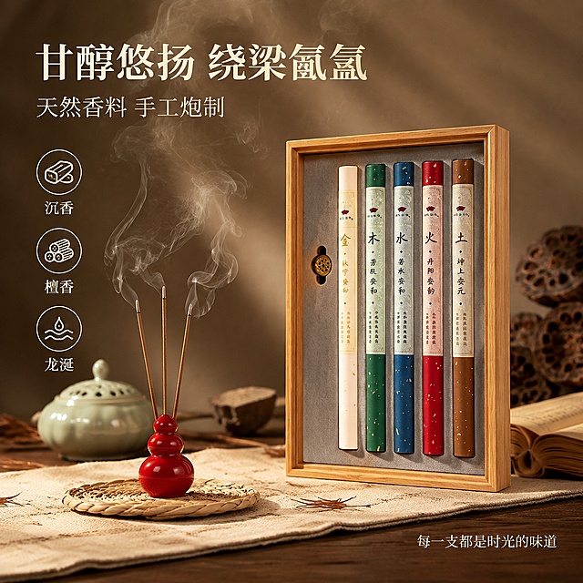 [主图-2] 甘醇悠扬香味卖点图。
[氛围风格] 东方禅意雅致风，氤氲缭绕的品香意境；
[画质] 商业摄影质感、光线柔和通透、产品清晰真实、画面干净高级。
[元素] 画面右侧为打开的原木礼盒，五支线香管（金木水火土）整齐排列，清晰可见管身文字与色彩；左侧前景是红葫芦香插，三支不同的线香分别点燃，香烟袅袅升腾、在空中交织成柔美的烟雾曲线。背景为深棕色实木桌面与暖米色墙面，后方虚化处有一只青瓷香炉、几枝干枯莲蓬、一本翻开的古籍书页作点缀。桌面铺一张浅米色麻布垫，散落几片干枯松针。**保持产品外观（原木礼盒结构、五支管颜色与文字、红葫芦香插造型）与输入产品图保持绝对一致，杜绝任何变形和色差，精细化处理**。商品主体占比约60%；画面满屏无边框。
[光影] 暖调侧逆光从右后方打来，穿透烟雾形成丁达尔效应，香烟轮廓清晰有层次；礼盒正面受辅光柔化，木材质感温润；整体氛围静谧悠远，暗部柔和不死黑。
[配色] 主色深棕木色（桌面与背景暗部）；辅色暖米白（烟雾与墙面亮部）；强调色朱砂红（香插与火字管）。
[视角构图] 平视微侧，礼盒在右、香插在左形成对角线构图；烟雾向上延伸引导视线至上方文案区；中景清晰，前后景适度虚化。
[文字版式] 上方居中偏左位置，竖排改横排两行大字：主标题"甘醇悠扬 绕梁氤氲"，米白色大号宋体加粗；副标题"天然香料 手工炮制"，米黄色中号宋体。左侧三个圆形小图标竖向排列，分别配文"沉香""檀香""龙涎"，图标为深棕底米字圆形。右下角小字"每一支都是时光的味道"。
[输出要求] 1:1比例，文字清晰锐利，超高清商业摄影质感。
[负向提示词] 变形，文字错乱，产品图模糊，背景杂乱，水印，电商平台Logo。