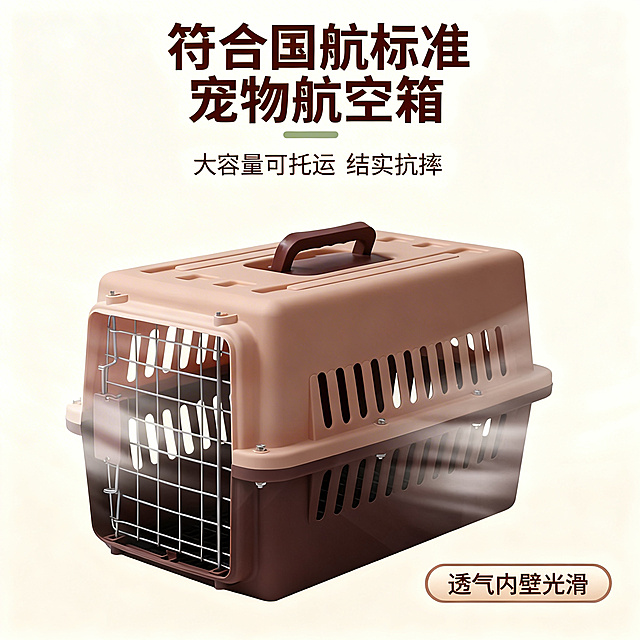 [主图 1] 宠物航空箱产品首图
[氛围/风格] 舒适简约风格，干净通透，品质感
[画面元素] 商业摄影质感、光线柔和通透、产品清晰真实、画面干净高级。宠物航空箱居中放置，保持产品原有外观颜色和结构不变，放置在浅米白色简约背景中，柔和自然光漫射，背景简洁不抢主体，产品完整展示，无边框。
[配色色系] 主色调：浅米白背景，产品原棕粉色系保持不变。
[视角构图] 正面平视，产品居中满铺，景深适中。
[文字版式] 顶部安全边距左对齐，主标题 “符合国航标准 宠物航空箱” 深棕色大号粗体无衬线字体；副标题 “大容量可托运 结实抗摔” 字号约为主标题一半，深棕色，紧挨主标题下方。右下角胶囊标签 “透气内壁光滑” 浅棕底深棕色字小号。文字与背景对比清晰，不遮挡产品主体。
[比例分辨率] 1:1 比例，2k 分辨率，文字清晰可辨，超高清。
[负向提示词] 变形，水印，文字错乱，产品图模糊，背景杂乱，遮挡主体，配色刺眼
