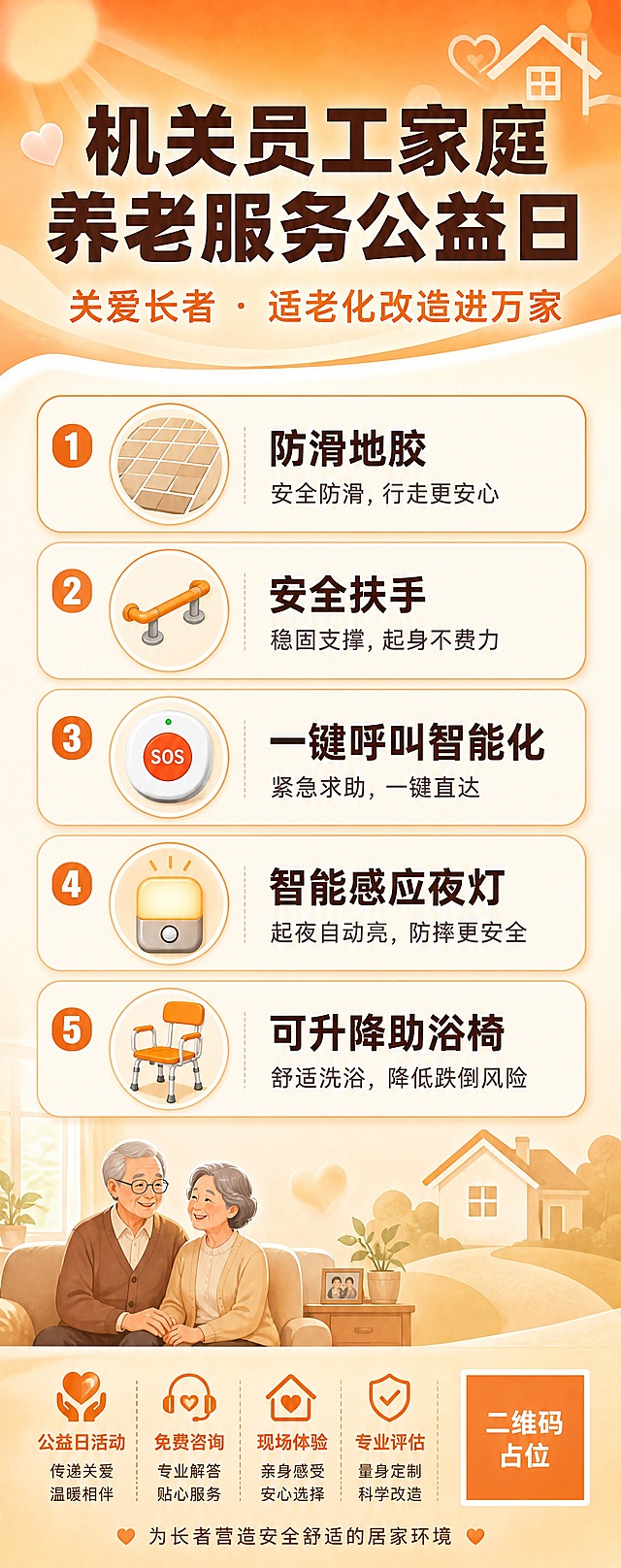 易拉宝竖版海报设计，主题为机关员工家庭养老服务公益日，适老化产品主题。整体风格温馨暖色调，以暖橙色、米黄色、浅棕色为主，搭配深棕色文字，营造关爱长者的公益氛围。版式精美，信息层级分明。

画面顶部（约占20%）：大标题区域，主标题文字为"机关员工家庭养老服务公益日"，字号最大，深棕色粗黑体，居中排列；副标题文字为"关爱长者 · 适老化改造进万家"，字号稍小，暖橙色，位于主标题下方。顶部背景为暖橙色渐变，搭配柔和的光晕效果和简约的爱心、房屋线条装饰元素。

画面中部（约占60%）：五大适老化产品展示区，采用竖向排列的圆角卡片式布局，每张卡片左侧配简约图标，右侧为产品名称和简短说明。从上到下依次为：
1. 防滑地胶 — "安全防滑，行走更安心"，配地胶纹理图标
2. 安全扶手 — "稳固支撑，起身不费力"，配扶手图标  
3. 一键呼叫智能化 — "紧急求助，一键直达"，配呼叫按钮图标
4. 智能感应夜灯 — "起夜自动亮，防摔更安全"，配夜灯图标
5. 可升降助浴椅 — "舒适洗浴，降低跌倒风险"，配座椅图标
每张卡片为米白色底，浅橙色边框，卡片之间留有均匀间距，整体居中对齐。

画面底部（约占20%）：活动信息区，背景为浅棕色渐变。包含"公益日活动""免费咨询""现场体验""专业评估"四个标签式短句，横向排列。右下角放置一个橙色正方形二维码占位符，方块中央标注"二维码占位"文字。底部中央有小字"为长者营造安全舒适的居家环境"。

整体设计：适老化友好风格，字号偏大、对比度高、易读性强，适合老年人阅读；画面干净整洁，元素排列有序；四周留有安全边距；光影柔和，质感温馨。

画面中所有信息区域、产品卡片、标签条目等必须填充完整合理的内容，不得出现空白框、空白占位、横线待填写区域、空列表项、空单元格；确保是完整可用的成品海报而非待填写模板。
画面中所有二维码区域使用纯色方块占位符呈现，方块中央标注"二维码占位"文字，严禁生成任何可识别的二维码图案。
