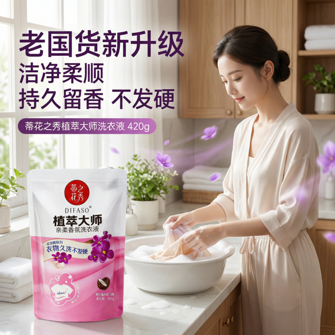 我是网店卖家，产品是我是网店卖家，产品是老品牌国货,蒂花之秀驰名商品袋装洗衣液，洗衣洁净，香味持久，根据你的经验帮我生成一个电商主图，提升一些洗衣液主体质感，切记不要出现网络违禁词,略微提升质感包装袋预览效果