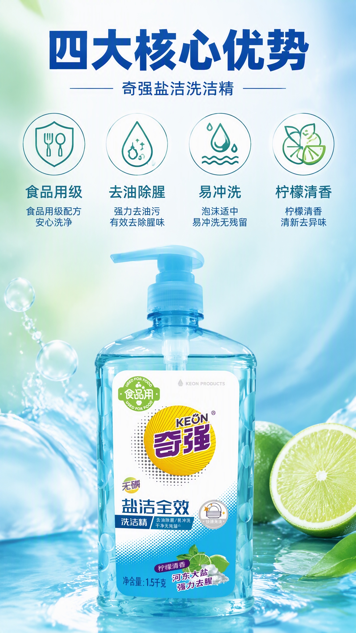 第3张 详情页功效页，奇强盐洁洗洁精，四大核心优势。使用图1作… - 图片创意预览