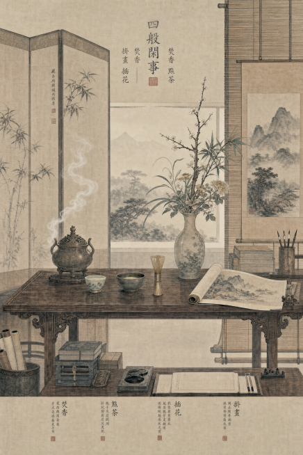 传统文化国风场景，古画风格，古人四般闲事：焚香、点茶、插花、挂画，古色古香的案几，古朴典雅，体现传统文化回归的东方美学预览效果