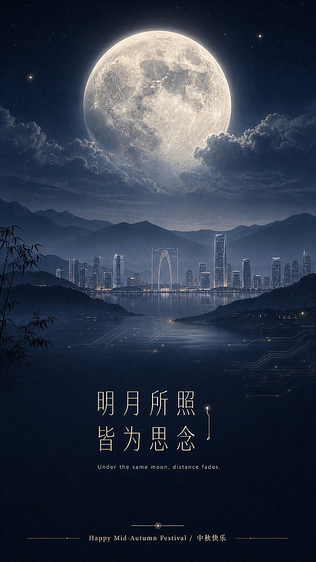 将画面中远处的现代城市建筑群替换为苏州金鸡湖地标建筑天际线，包括东方之门（秋裤楼）、苏州中心、金鸡湖周边标志性摩天大楼的剪影轮廓，建筑沿湖岸线分布，湖面有微弱倒影，保持原有的深夜蓝墨蓝色调、月光氛围和整体构图不变。EMS行业隐性元素（PCB线路纹理、连接网络光点）保持不变，主标题和所有文字内容保持原样。整体风格仍为东方极简+高级品牌视觉+电影级光影，建筑细节融入月光夜色中，不喧宾夺主。
