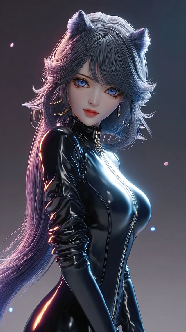 masterpiece, best quality, 8k, ultra-detailed, CG anime girl, full body shot, slender capable figure, black solid leather jumpsuit, front metal zipper, roll-up long sleeves, dark purple wolf tail short hair, side light casting sharp shadows, cold leather luster, black full-finger gloves, black glossy ankle-high leather boots, dark industrial background, detailed face (refer to face reference), cool elegant temperament, sharp eyes