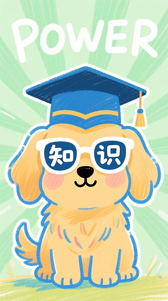 一只蓝色描边的Q版卡通金毛狗正面，头顶有个大大的学士帽，带着白色镜框的墨镜，镜片上分别写着"知"和"识"两个白色字。浅绿色背景（带有放射线），上面“POWER”