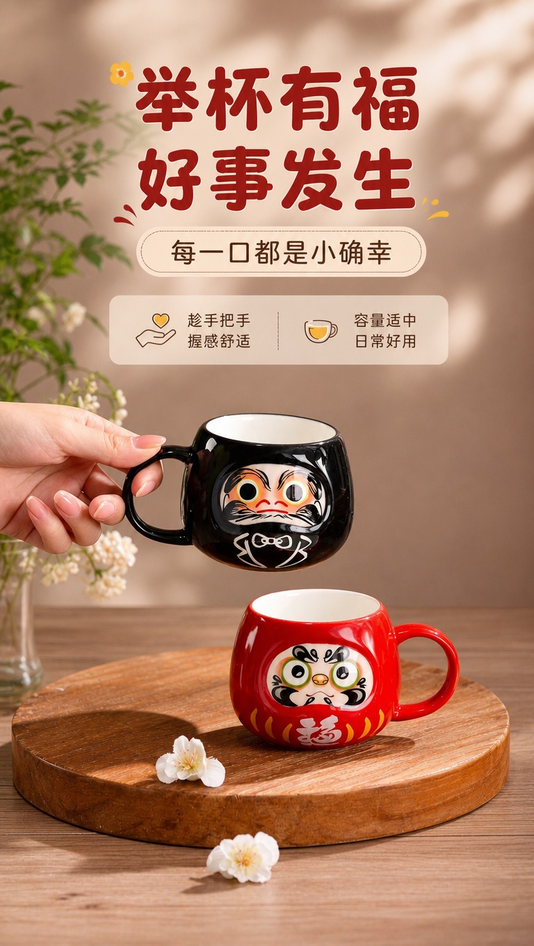 [商品] 使用【图10】手持黑色达摩杯+红色达摩杯场景；保留黑… - 图片创意预览