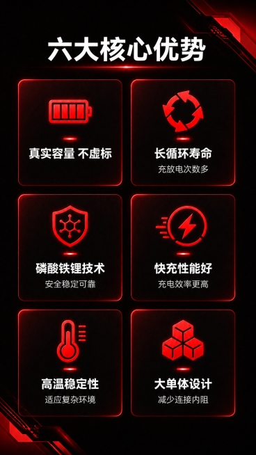 将该图片色调风格改成红黑色，所有图标和发光元素改为红色，背景改为黑色，保留全部原有文字内容和电芯产品不变预览效果