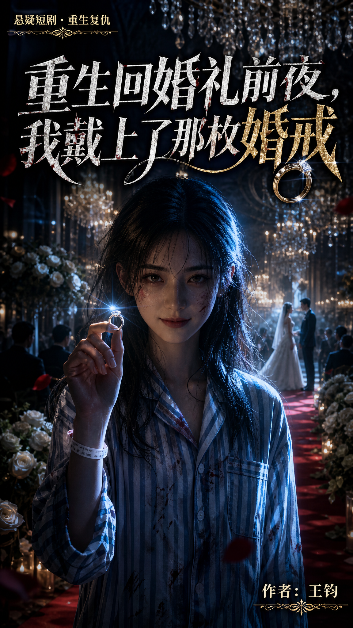 一张竖版悬疑短剧宣传海报，电影感大片质感。画面主体是一位身着蓝… - 图片创意预览