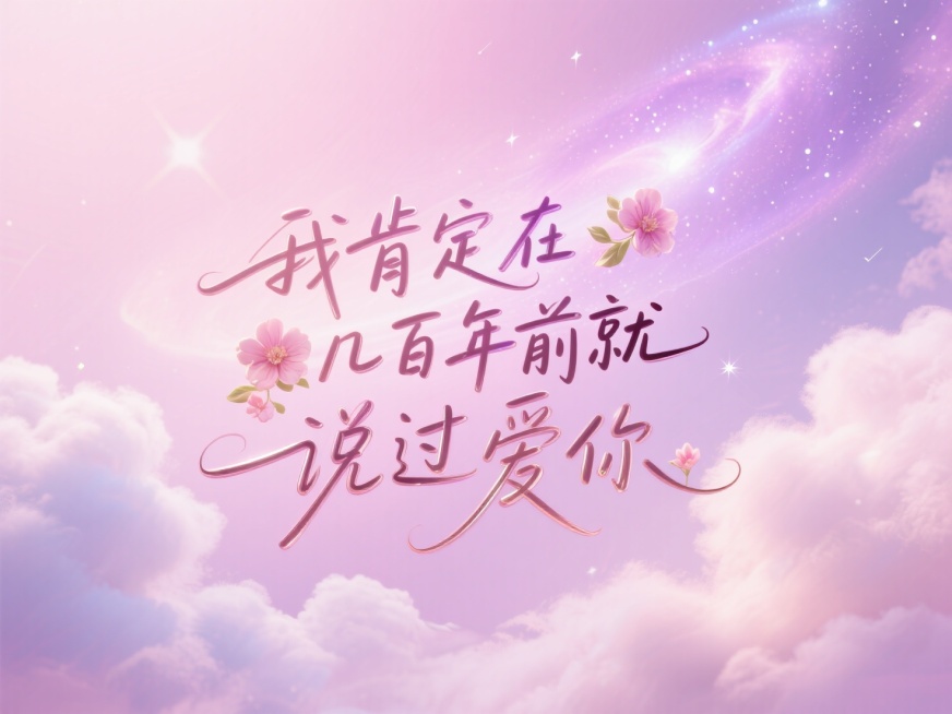 文字“我肯定在几百年前就说过爱你”，线条流畅，手写艺术字。创意字体，花朵元素，淡粉色梦幻星云，淡紫色光晕，棉花般柔软的云的背景，浪漫七夕氛围。预览效果