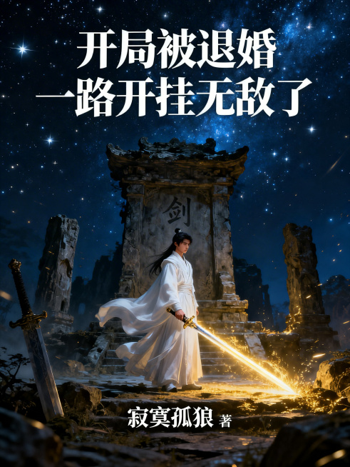 中国古典玄幻风格小说封面，一位白衣飘飘的年轻男子，气质冷峻超然，背景是漫天星河与古老的剑冢遗迹，剑光如虹，深蓝黑色夜空背景，金光剑意四溢，史诗级别，电影海报质感，上方醒目位置标注小说名"开局被退婚一路预览效果