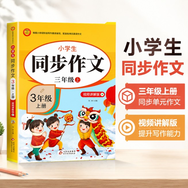 [主图-4] 同步作文产品卖点展示主图。氛围风格为场景化，清晰明确，专业活泼。商业摄影质感、光线柔和通透、产品清晰真实、画面干净高级。小学生同步作文三年级上册视频讲解版居中展示，突出视频讲解标识，保持预览效果