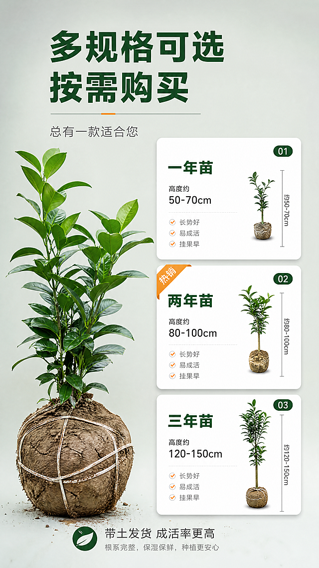 [第7张] 耙耙柑树苗规格选择。真实摄影风格，高清产品照片质感。
[氛围/风格] 简洁专业风，信息卡片式布局，清晰易读，真实产品展示，商业设计质感。
[画面] 画面左侧展示真实的耙耙柑树苗带土球，占比约40%，树苗真实自然叶片翠绿有光泽，土球饱满；右侧为三个规格选项卡片，从上到下排列，分别展示一年苗两年苗三年苗，每张卡片配有对应大小的树苗示意和高度标注；背景为浅灰绿渐变，干净整洁；整体真实产品加信息卡片结合，专业可信。
[光影质感] 均匀柔光照明，产品清晰立体，信息卡有轻微阴影增加层次感，整体干净专业，真实摄影效果。
[配色色系] 全局底色浅绿灰；主色深绿；辅助色白色卡片、橙黄强调色、浅灰分隔线。
[视角构图] 左右分栏布局，左侧产品图，右侧规格卡片，阅读动线从左到右再从上到下。
[文字版式] 顶部主标题多规格可选按需购买，粗黑体深绿色；右侧三张规格卡片，每张有标题一年苗、两年苗、三年苗，下方标注高度约50-70cm、约80-100cm、约120-150cm，和特点长势好、易成活、挂果早；中间卡片加橙色热销标签突出；底部小字提示带土发货成活率更高；文字清晰，信息层级分明。
[比例分辨率] 9比16竖版比例，4K分辨率，文字清晰可辨，高清真实摄影画质。
[负向提示词] 绘画风格，插画风格，3D渲染，卡通，手绘，树苗变形，信息错乱，颜色偏差，水印，文字过小，模糊，杂乱，塑料感。