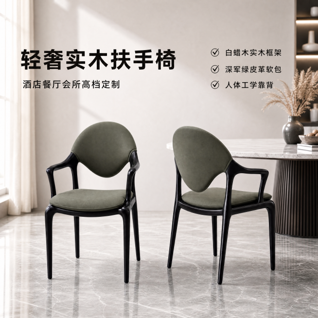 [主图-1]轻奢实木简约扶手椅空间场景展示首图
[氛围风格] 温馨高级居家氛围，轻奢质感，现代简约风格
[画质] 商业摄影质感，光线柔和通透，产品清晰真实，画面干净高级
[元素] 两把轻奢实木扶手椅展预览效果