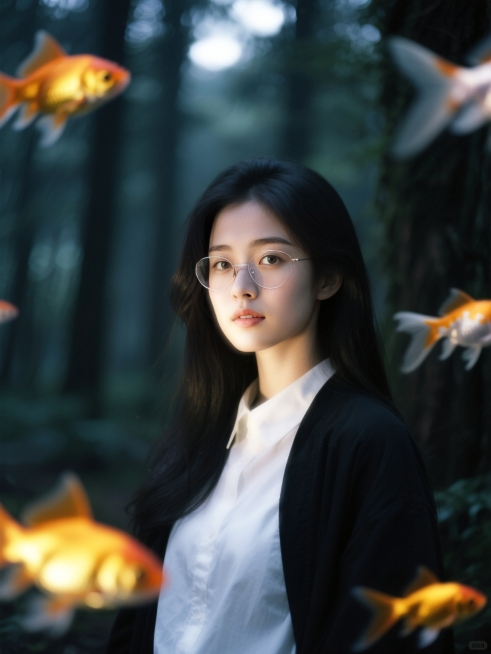 森林少女，环绕动态模糊的金鱼，金鱼发光，梦核暗调。脸部一束光，奶油肌，特写预览效果