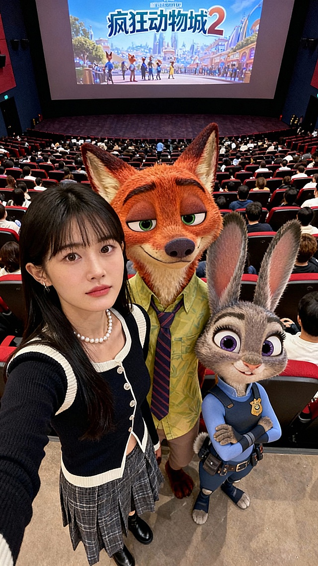 卡通感与3D角色风融合，动漫风格呈现《疯狂动物城2》首映现场，人物与角色互动生动，节日氛围浓厚。