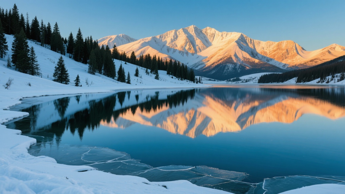 超写实摄影风格的雪山湖泊风景，清澈碧蓝的湖水倒映着被晨曦染成橙金色的连绵雪山，湖面边缘有少量冰裂纹，湖岸覆盖着洁白的积雪，远处山坡上点缀着墨绿色的松树，整体画面呈现出宁静、壮丽、纯净的氛围，光影柔和，预览效果